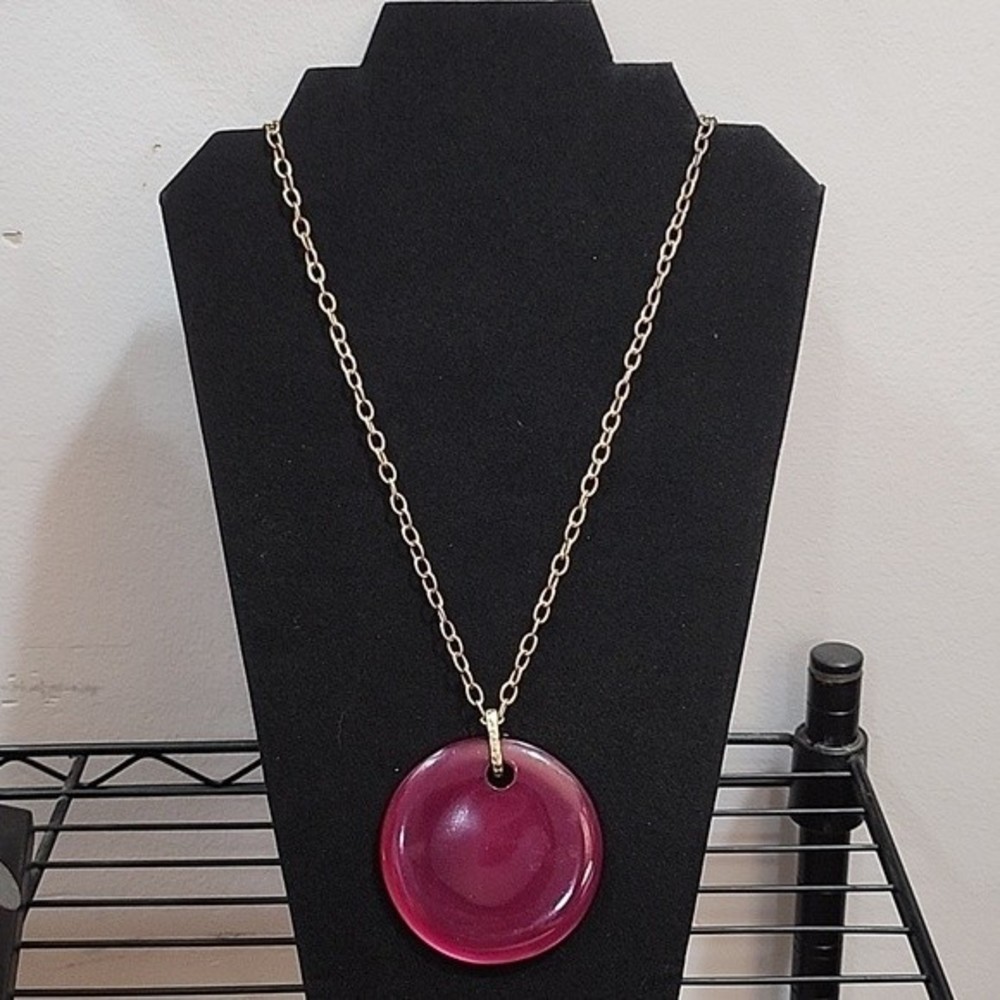 Avenue Goldtone X-Long Chain Necklace w Magenta and Gold Round Pendant